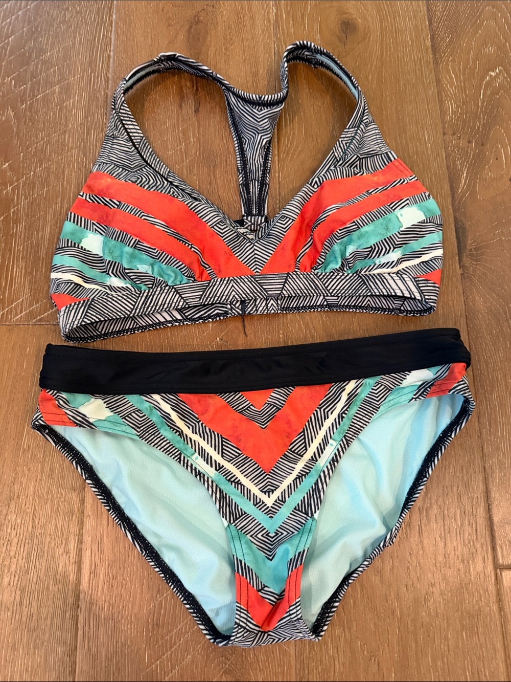 Prana Coral & Aqua Striped V‑Neck Bikini Set